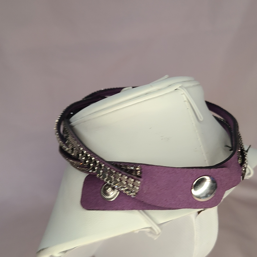 Faux Leather Deep Purple Rhinestone Layered Wide Bracelet Snap Closure Choker - Picture 6 of 8